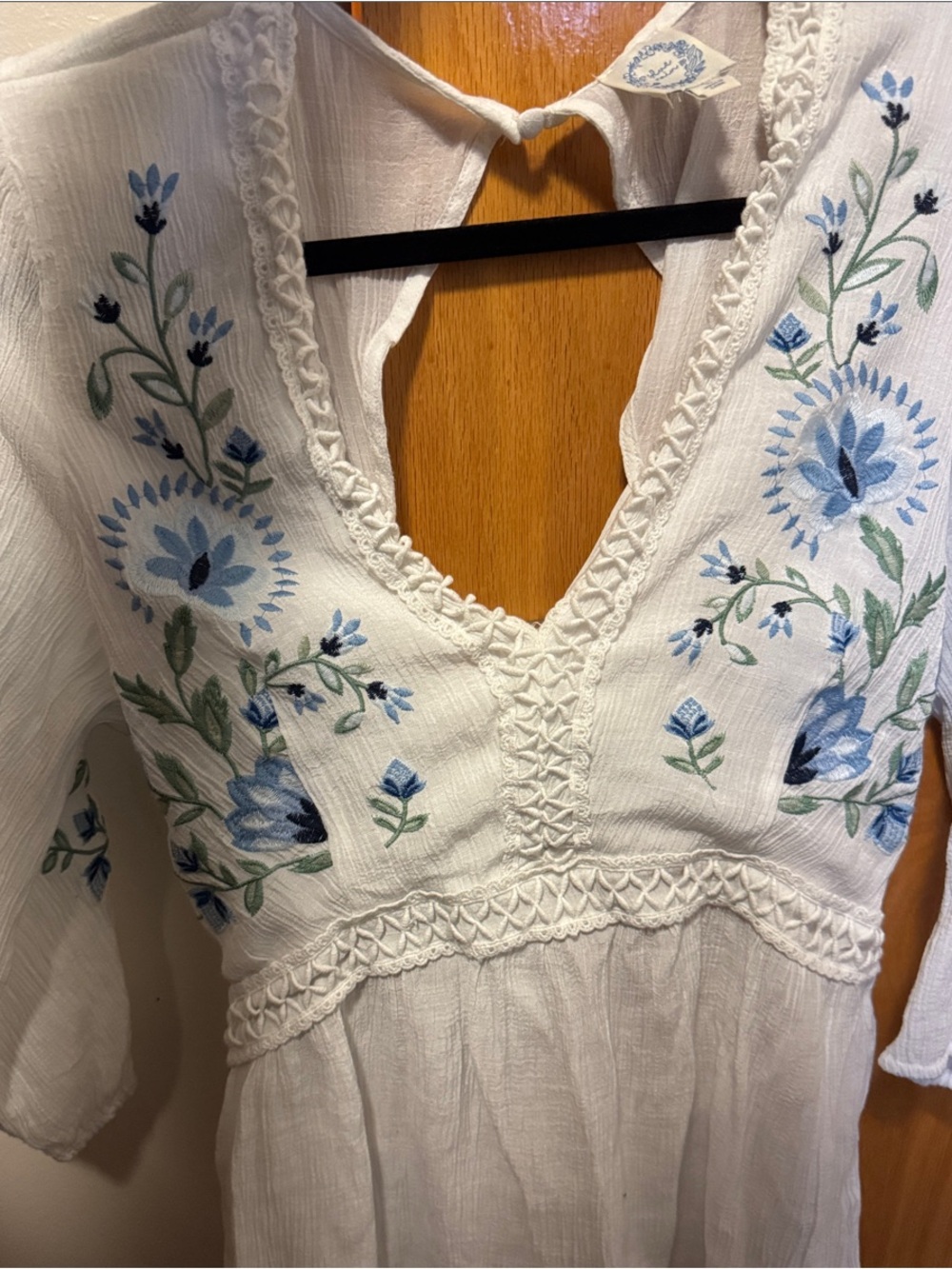 Anthropologie White Boho Blouse with Blue Floral Embroidery